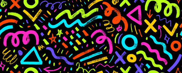Colorful geometric grunge doodle seamless pattern with charcoal squiggles and brush drawn shapes.