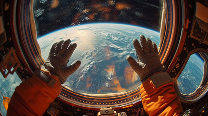 Space and planet earth. Astronaut's hands on spacecraft window overlooking Earth - obrazy, fototapety, plakaty