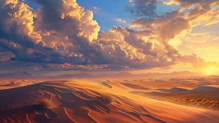  a painting of the sun setting over a desert landscape with sand dunes and mountains in the foreground and clouds in the sky over the top of the sand dunes.