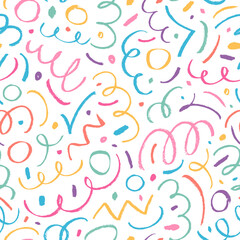 Multi colored charcoal pencil scribbles and squiggles seamless pattern. Doodle curved lines and dots.