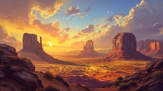  a painting of a desert scene with mountains in the background and a sunset in the middle of the picture, with clouds in the sky and in the foreground.