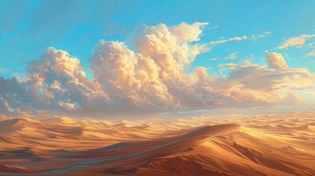  a painting of a desert landscape with a blue sky and white clouds in the background and a yellow sand dune in the foreground with a blue sky with white clouds.