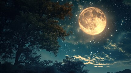  a night scene with a full moon in the sky and trees in the foreground, and stars in the sky, and a few clouds in the foreground.