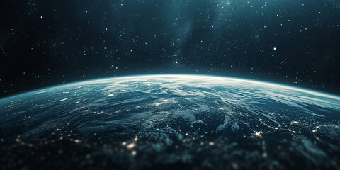 Space and planet earth. Earth's horizon with city lights from space against a starry sky. - obrazy, fototapety, plakaty