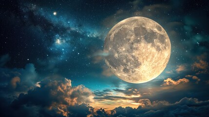  a full moon rising above the clouds in the night sky with stars and clouds in the foreground, and a dark blue sky with white clouds and stars in the background. - obrazy, fototapety, plakaty