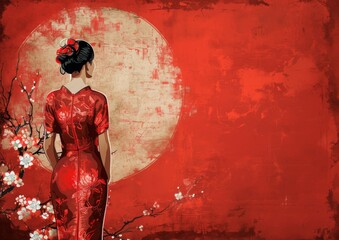 Chinese New Year Dragon Female Model Qipao Traditional Dress Background Wallpaper Image