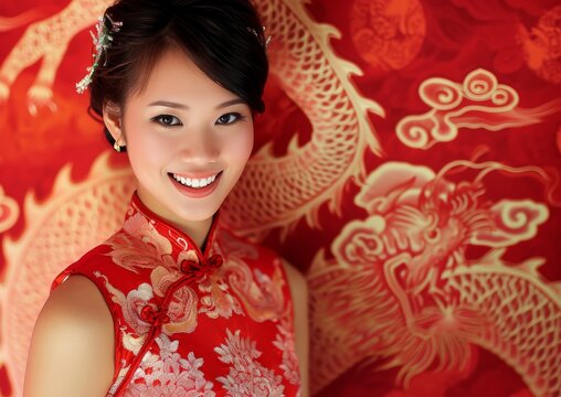 Chinese New Year Dragon Female Model Qipao Traditional Dress Background Wallpaper Image