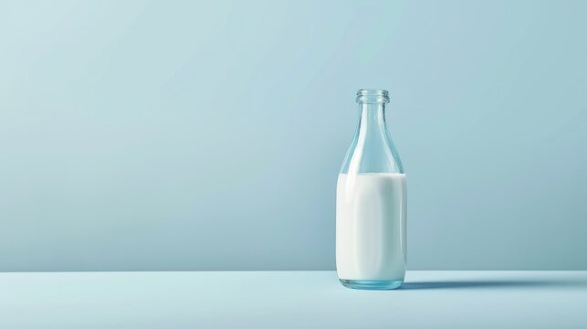  a glass bottle filled with milk sitting on top of a blue counter top next to a glass bottle with a small amount of milk in the top of the bottle.