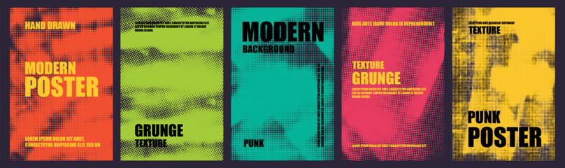 Grunge colorful poster collection with halftone texture and typography text. - obrazy, fototapety, plakaty