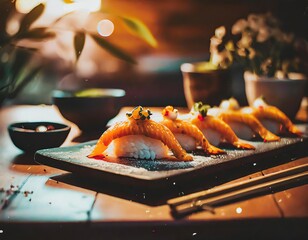 Sushi é uma culinária japonesa refinada que combina arroz temperado com vinagre, peixe fresco e outros ingredientes, proporcionando uma experiência gastronômica única e equilibrada. AI generation. - obrazy, fototapety, plakaty