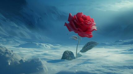 A beautiful red rose in a snowy mountain - obrazy, fototapety, plakaty