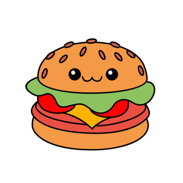 hamburger kawaii cute character Hand drawn coloring book illustration design