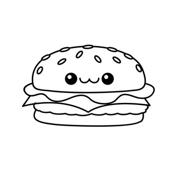 hamburger kawaii cute character Hand drawn coloring book illustration design