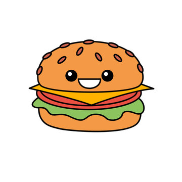 hamburger kawaii cute character Hand drawn coloring book illustration design