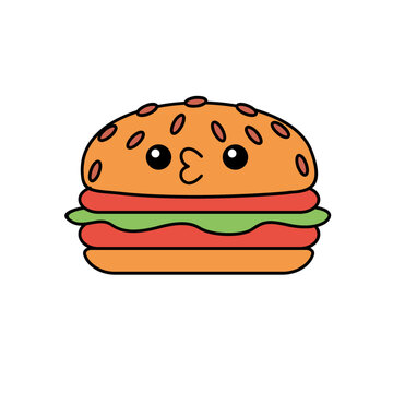 hamburger kawaii cute character Hand drawn coloring book illustration design