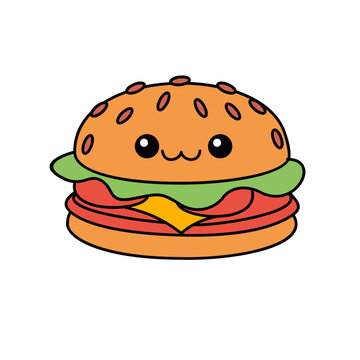 hamburger kawaii cute character Hand drawn coloring book illustration design