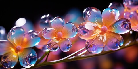 Tiny droplets like glowing gemstones adorn the flowers