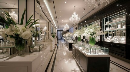 luxury elegant white interior with flowers and crystal chandeliers of a perfumery and cosmetics store of exclusive brands.  - obrazy, fototapety, plakaty
