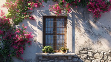 Naklejka premium a window with a bunch of pink flowers on the outside of it and a window sill with a potted plant on the outside of the window sill.