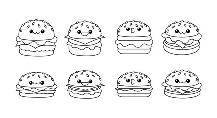hamburger kawaii cute character Hand drawn coloring book illustration design