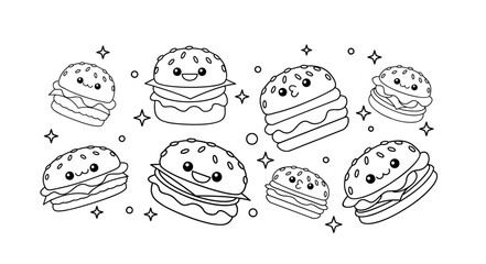 hamburger kawaii cute character Hand drawn coloring book illustration design
