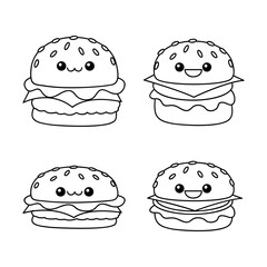 hamburger kawaii cute character Hand drawn coloring book illustration design