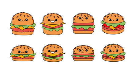 hamburger kawaii cute character Hand drawn coloring book illustration design