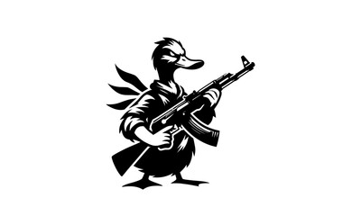 duck holding a AK-47 mascot logo, black and white duck with AK-47 mascot logo