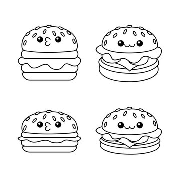 hamburger kawaii cute character Hand drawn coloring book illustration design