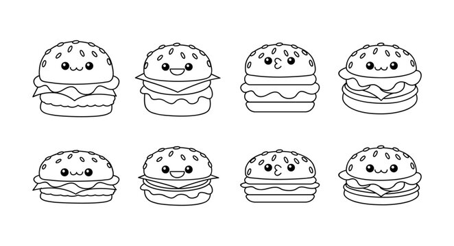 hamburger kawaii cute character Hand drawn coloring book illustration design