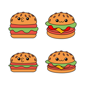 hamburger kawaii cute character Hand drawn coloring book illustration design