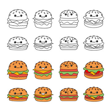 hamburger kawaii cute character Hand drawn coloring book illustration design