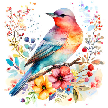 Beautiful bird with flowers watercolor paint