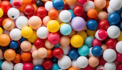 Fototapeta premium Playful, colorful plastic balls create a vibrant abstract pattern against a bright white background, evoking feelings of joy and excitement.