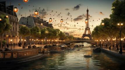 Seine River with Eiffel Tower during Sunset - obrazy, fototapety, plakaty