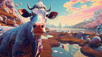 cow with natureal view AI Generative Art - obrazy, fototapety, plakaty