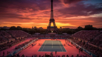 Foto op Canvas Eiffel Tower at Night During a tennis math during Olympic Games © Erick