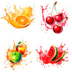 Set of drawings of fruits, orange, cherry, apple, watermelon, on a white background