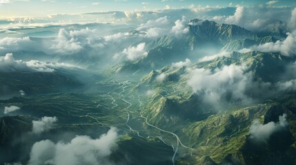  an aerial view of a mountain range with a river running through the center of the mountain and a river running through the center of the mountain range in the foreground.