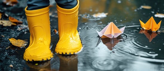 A photo symbolizing the concept of spring shows a child in yellow rubber boots enjoying puddles and paper boats, alongside images of spring and autumn holidays. - obrazy, fototapety, plakaty