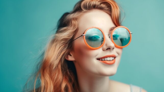 Fashion portrait of a beautiful young woman with red hair and orange sunglasses on a blue background