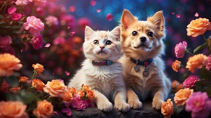 Cute cat and dog together , animal couple in flower background
