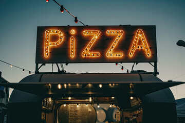 A pizza illuminated sign above a street food vendor truck - obrazy, fototapety, plakaty