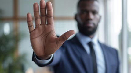 Closeup of the hand of an african american businessman showing stop, saying no or not accepting a deal in an office at work. Male corporate worker making hand gesture not agreeing to a statement
