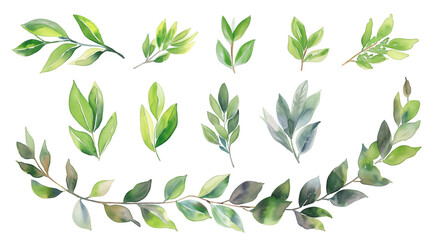 Collection of green watercolor foliage plants clipart on white background. Botanical spring summer leaves illustration. Suitable for wedding invitations, greeting cards, frames and bouquets. - obrazy, fototapety, plakaty