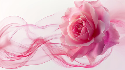 A pink rose with flowing chiffon background
