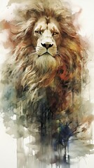 The wild majesty of this lion portrayed with vibrant colors in an immersive watercolor.