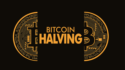 bitcoin halving banner, btc halving 2024, bitcoin cut in half - obrazy, fototapety, plakaty