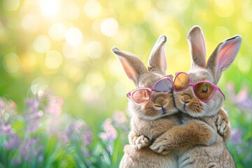 Fototapeta na wymiar Two cute Easter bunnies with sunglasses hugging each other.