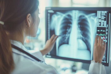 Professional, career and closeup of woman radiologist checking spine, lung and chest scan in medicare clinic Doctor examines X-ray in medical laboratory. - obrazy, fototapety, plakaty